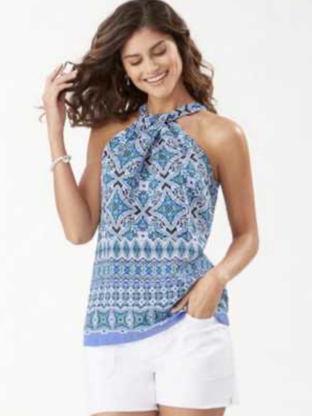 TOMMY BAHAMA Nassau Novelty Halter Tunic Top Linen Blend Island Navy Women's L